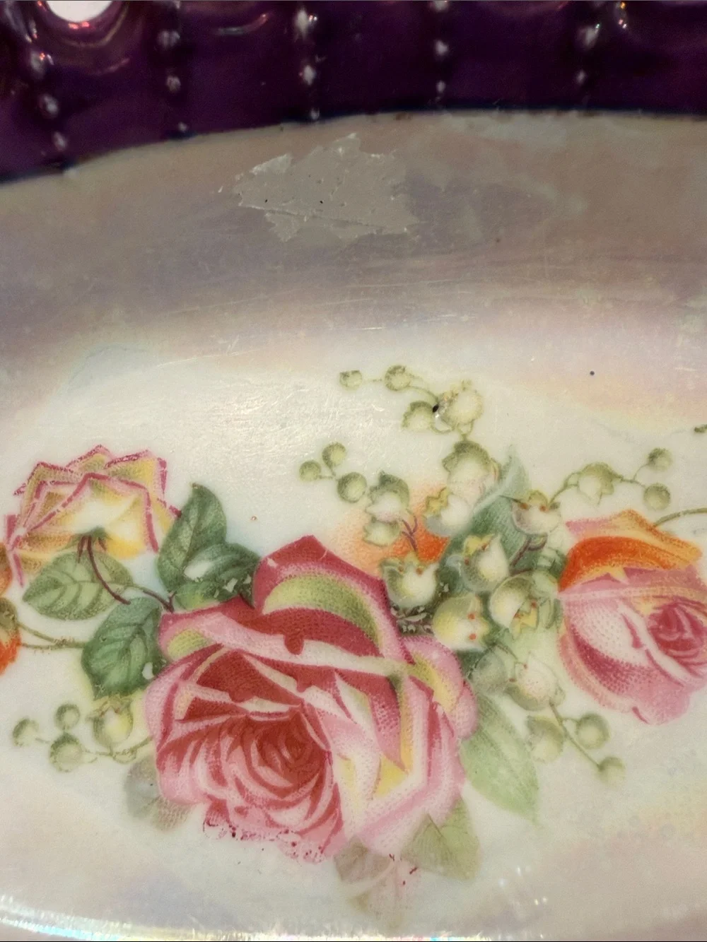 Porcelain Floral Serving Dish in Purple and White with Gold Accents Vintage